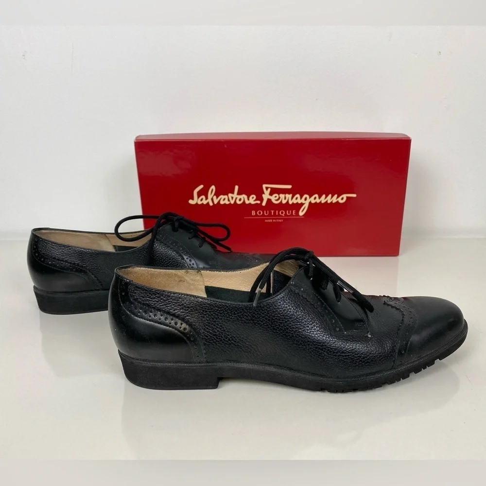 Salvatore Ferragamo Ferrara Women's 7 1/2 AA Black Leather Oxford Lace Up Shoes - Picture 4 of 14